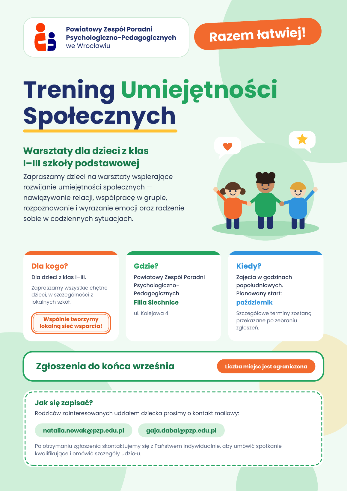 Plakat Trening Umiejętności Społecznych - Razem łatwiej - dla dzieci z klas I-III w Filii Siechnice